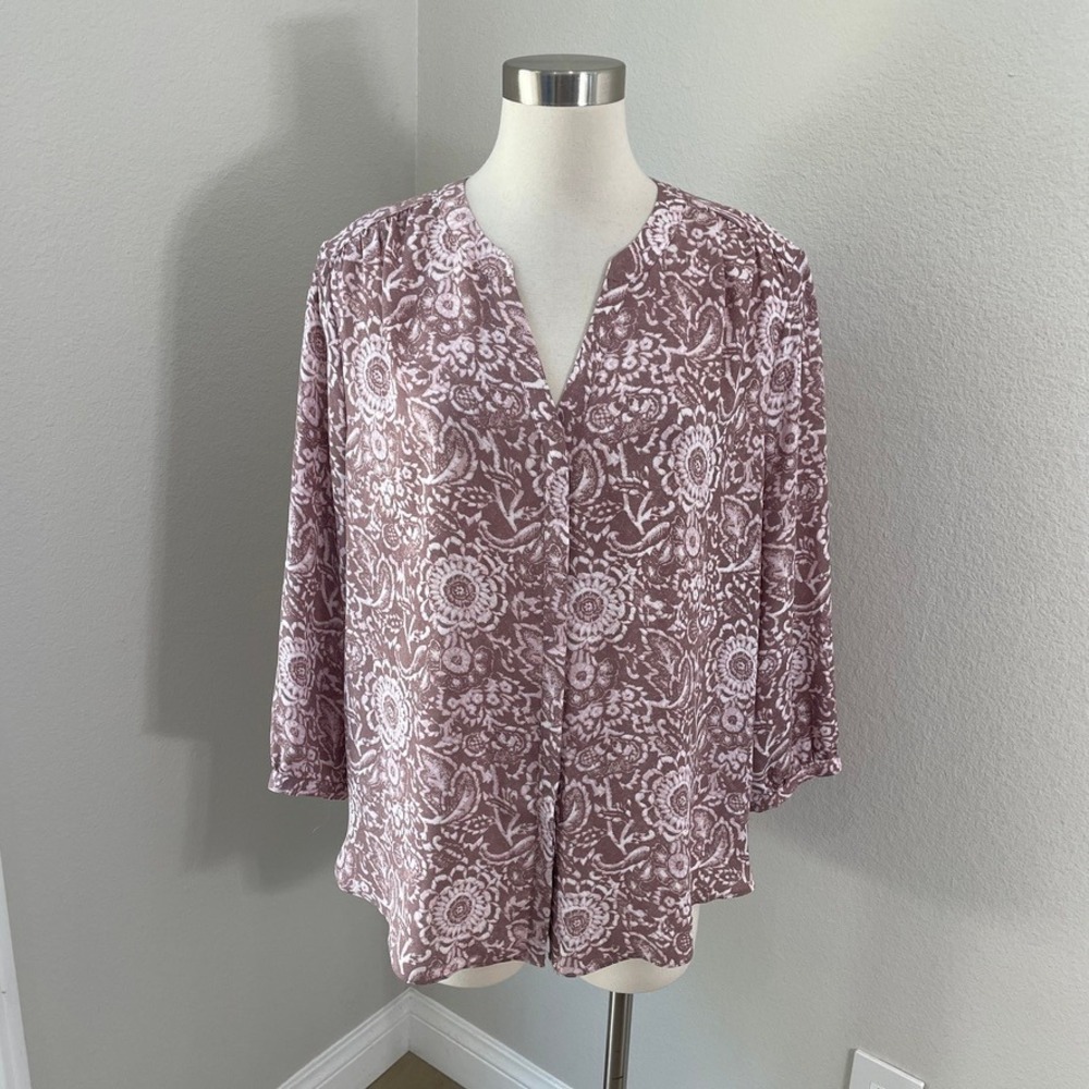 NYDJ Womens Large Button Up Blouse Tunic Top 3/4 Sleeve Pleated Back